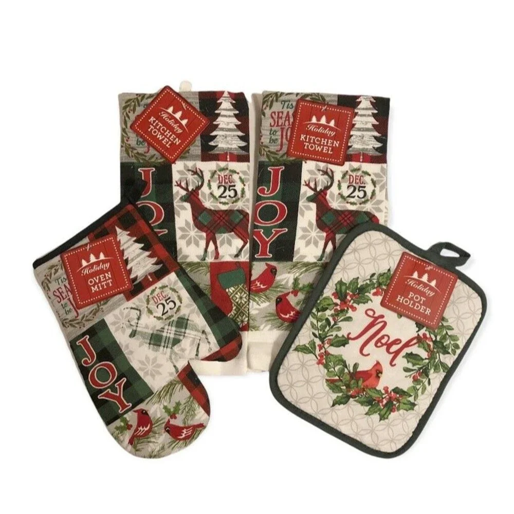 Christmas Tree Kitchen Dish Towels Potholder Oven Mitt Set of 4 Joy Noel